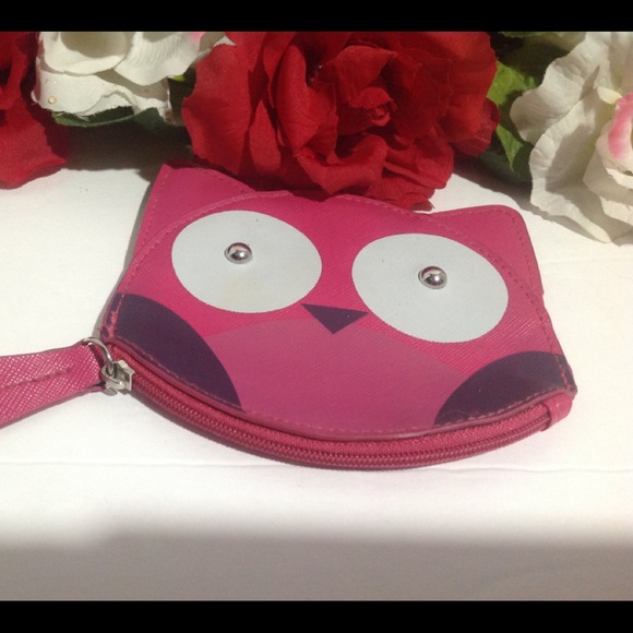 Owl Face Coin Purse Pink Faux Leather Zip Closure - Picture 4 of 10